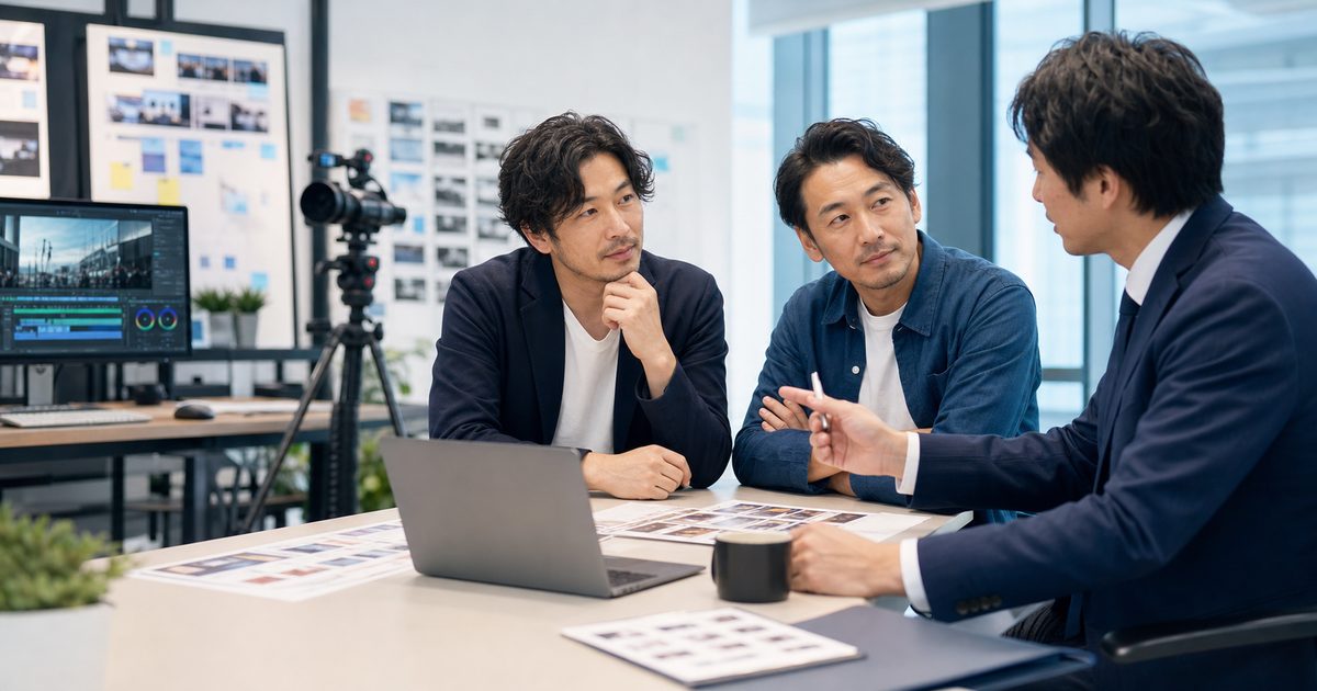東京の動画制作会社M&Aについて制作オフィスで相談する経営者と専門家