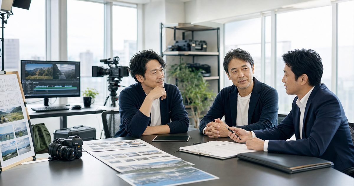 札幌の映像制作会社M&Aについて制作現場で相談する経営者と専門家