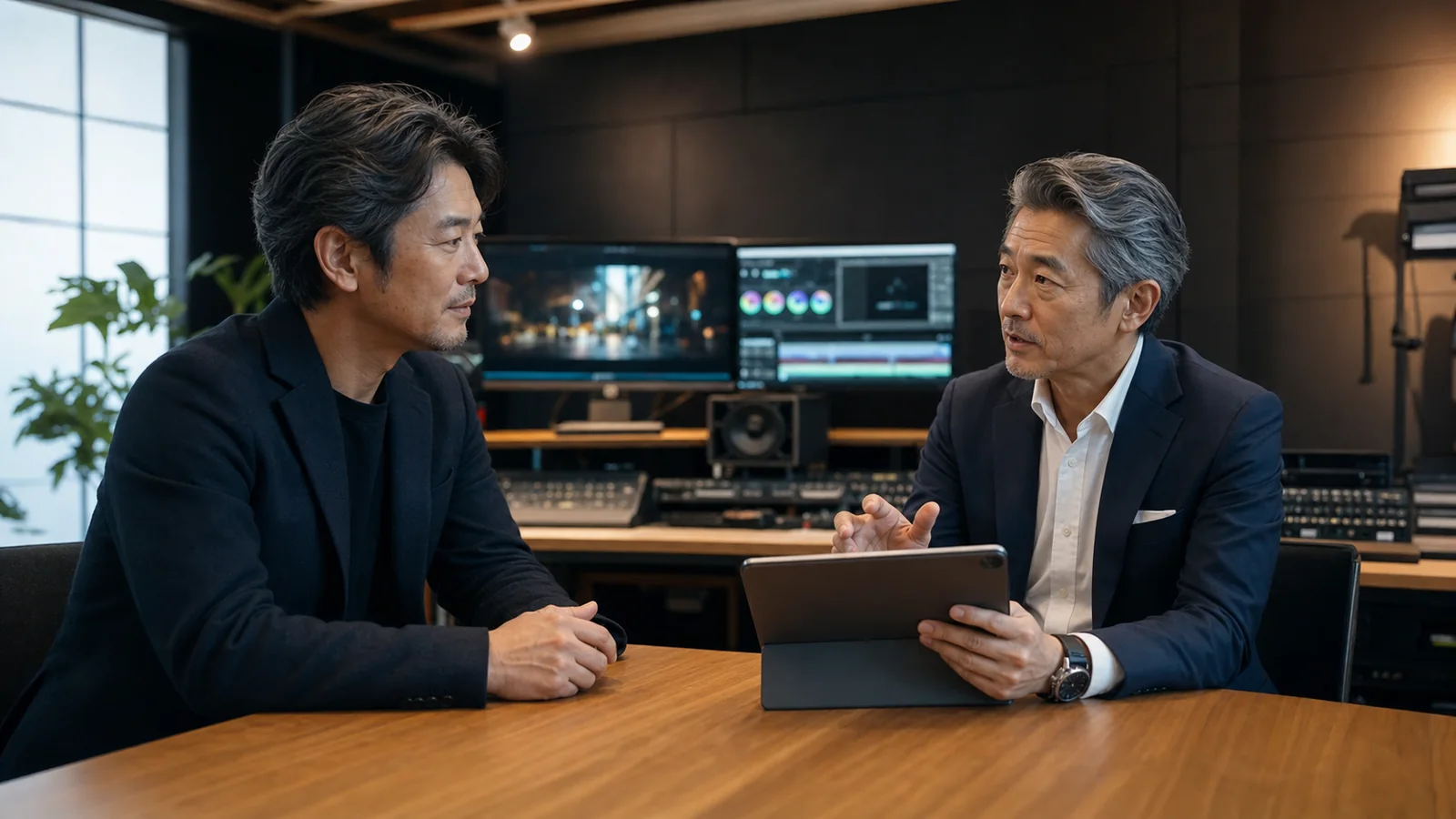 映像制作会社の事業承継を相談する経営者とM&Aアドバイザー