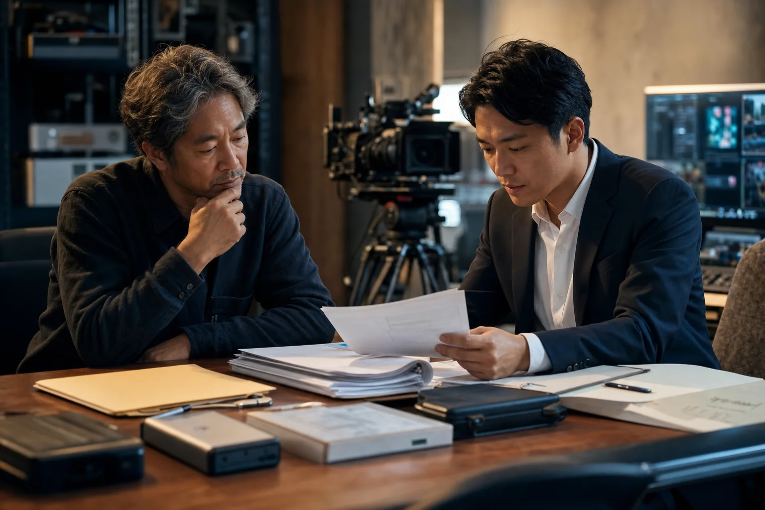 映像制作会社の経営者から次世代の担当者へ制作ノウハウを引き継ぐ様子