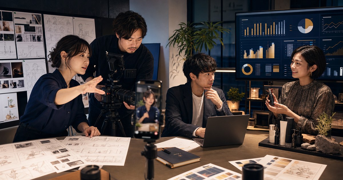 短尺動画制作チームが撮影企画とSNS分析データを確認する様子