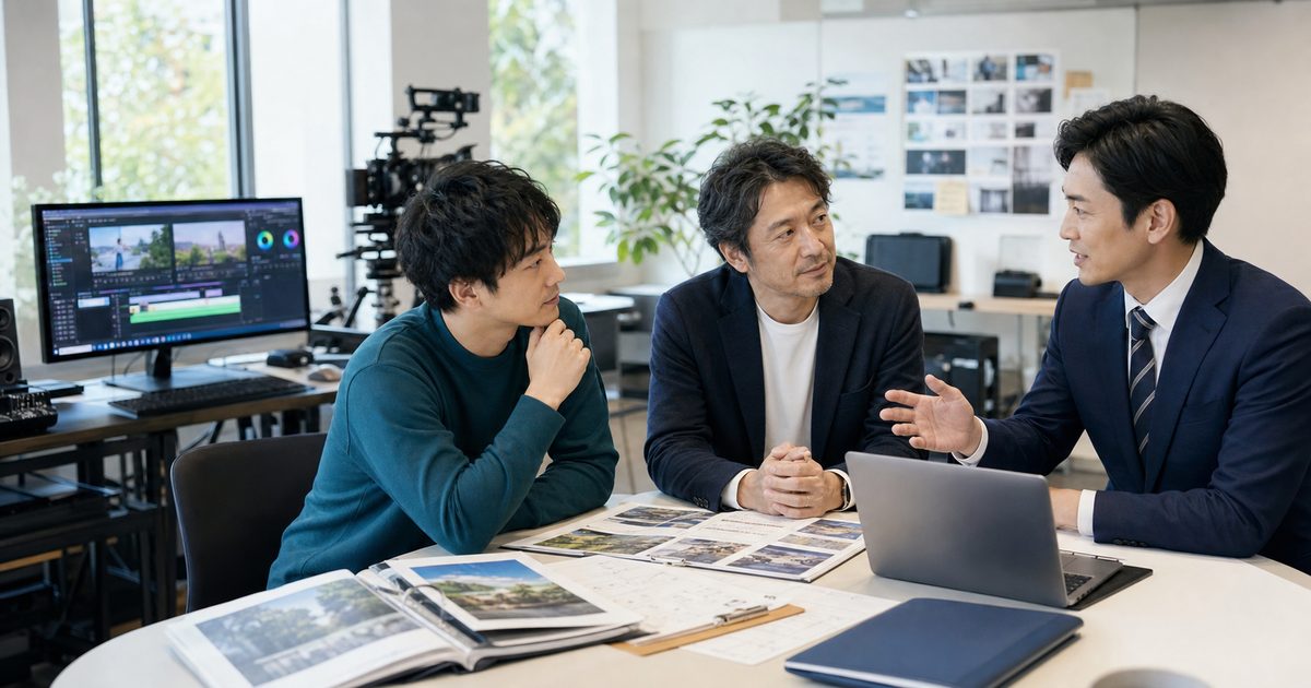 京都の映像制作会社M&Aについて制作現場で相談する経営者と専門家