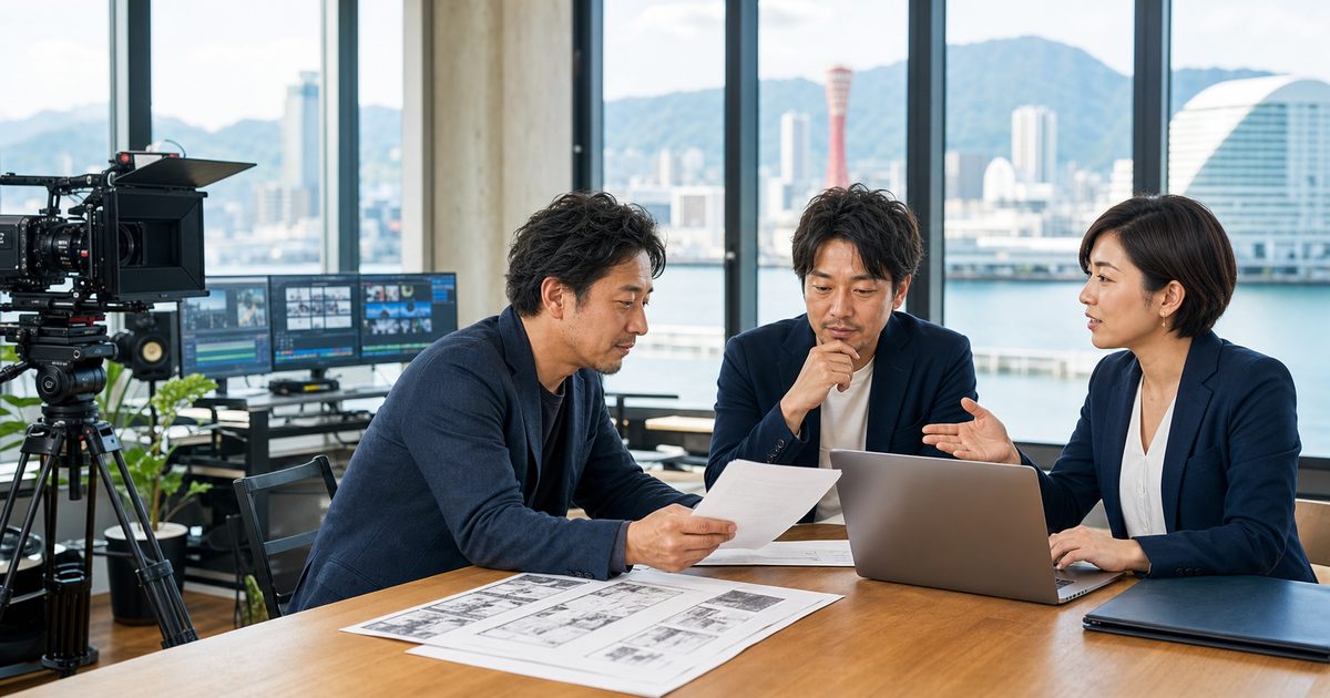 神戸の動画制作会社M&Aについて港湾を望む制作現場で相談する経営者と専門家
