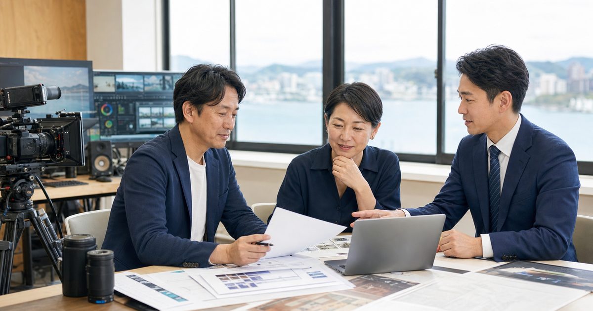 広島の動画制作会社M&Aについて瀬戸内を望む制作現場で相談する経営者と専門家