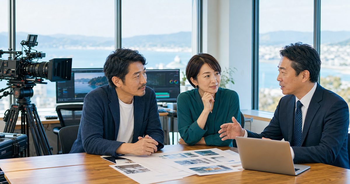 岡山の動画制作会社M&Aについて瀬戸内を望む制作現場で相談する経営者と専門家
