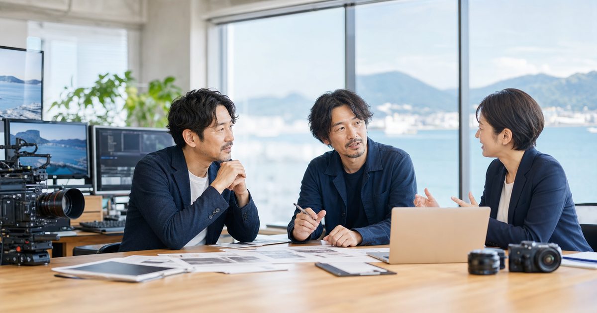 高松の動画制作会社M&Aについて瀬戸内を望む制作現場で相談する経営者と専門家