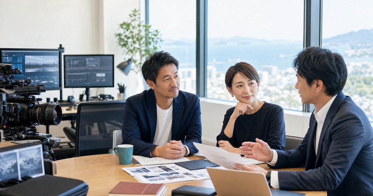 松山の動画制作会社M&Aについて瀬戸内を望む制作現場で相談する経営者と専門家