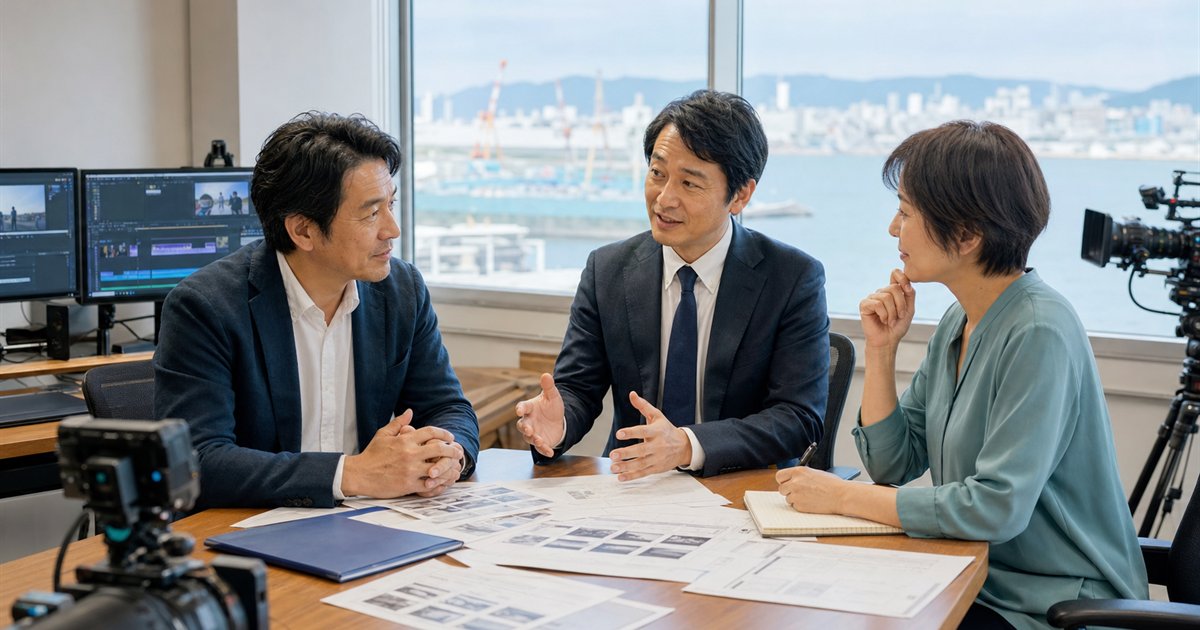 北九州の動画制作会社M&Aについて港湾を望む制作現場で相談する経営者と専門家