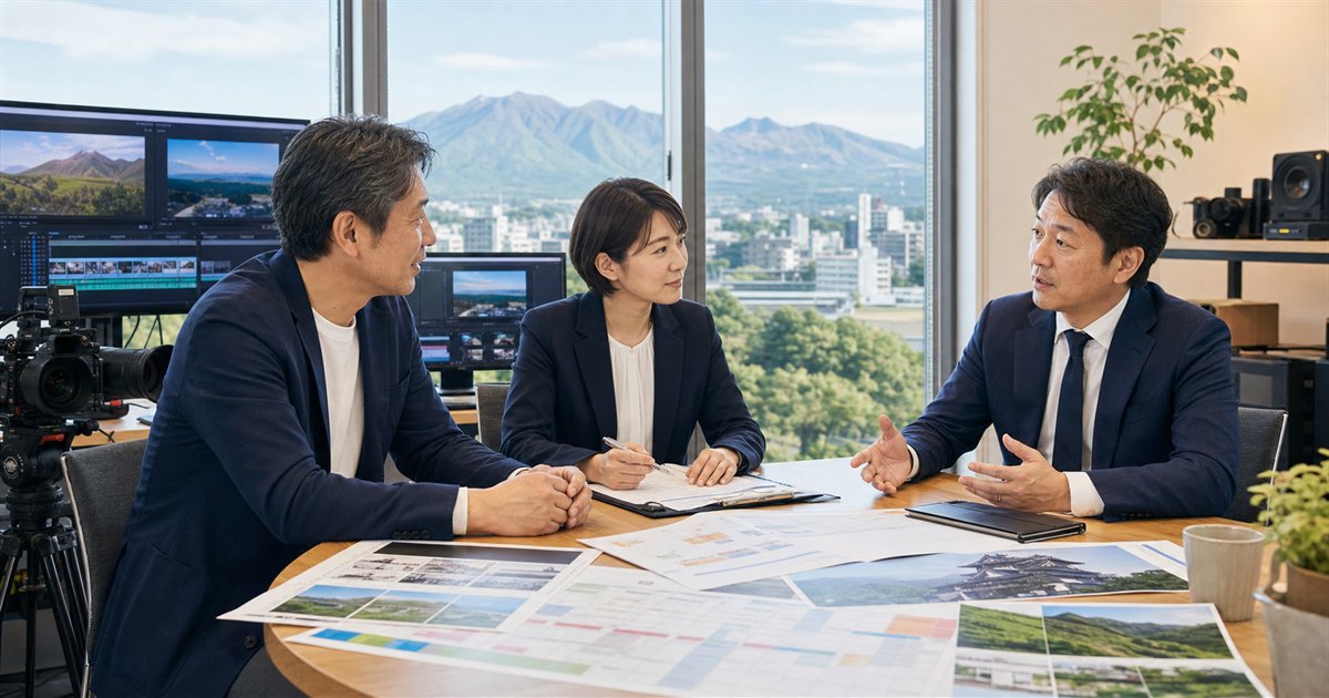 熊本の動画制作会社M&Aについて阿蘇を望む制作現場で相談する経営者と専門家