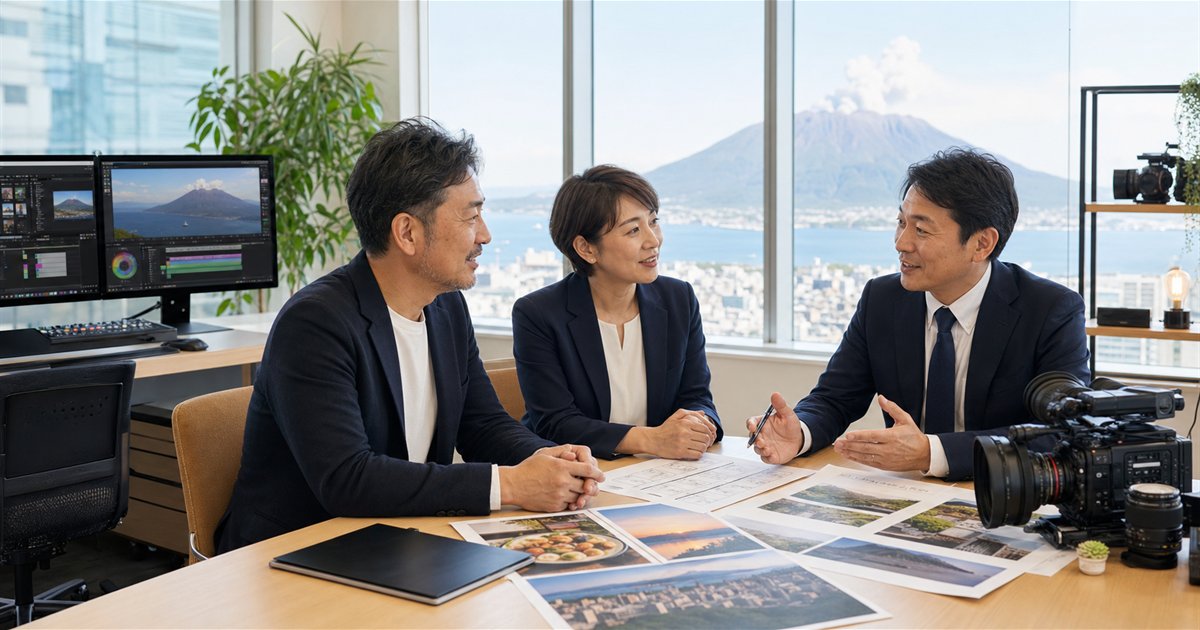 鹿児島の動画制作会社M&Aについて桜島を望む制作現場で相談する経営者と専門家