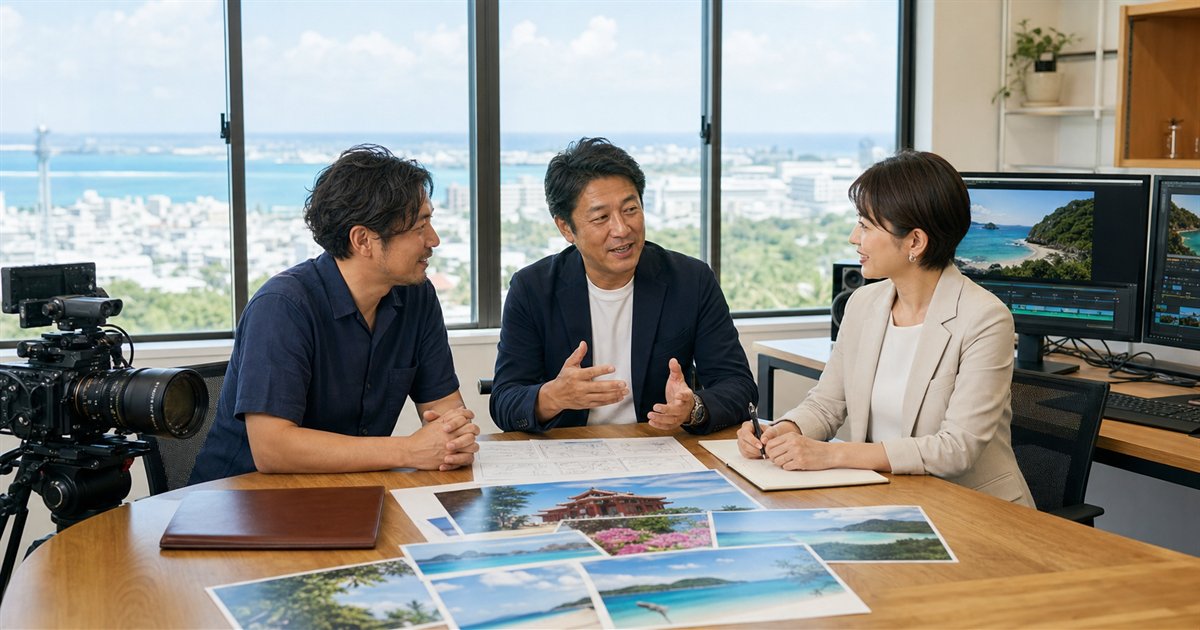 沖縄の動画制作会社M&Aについて海を望む制作現場で相談する経営者と専門家
