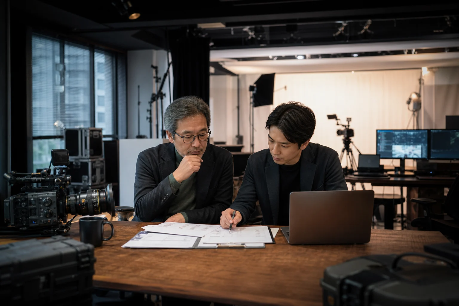 映像制作スタジオで事業承継の資料を確認する経営者と後継者候補の生成イメージ