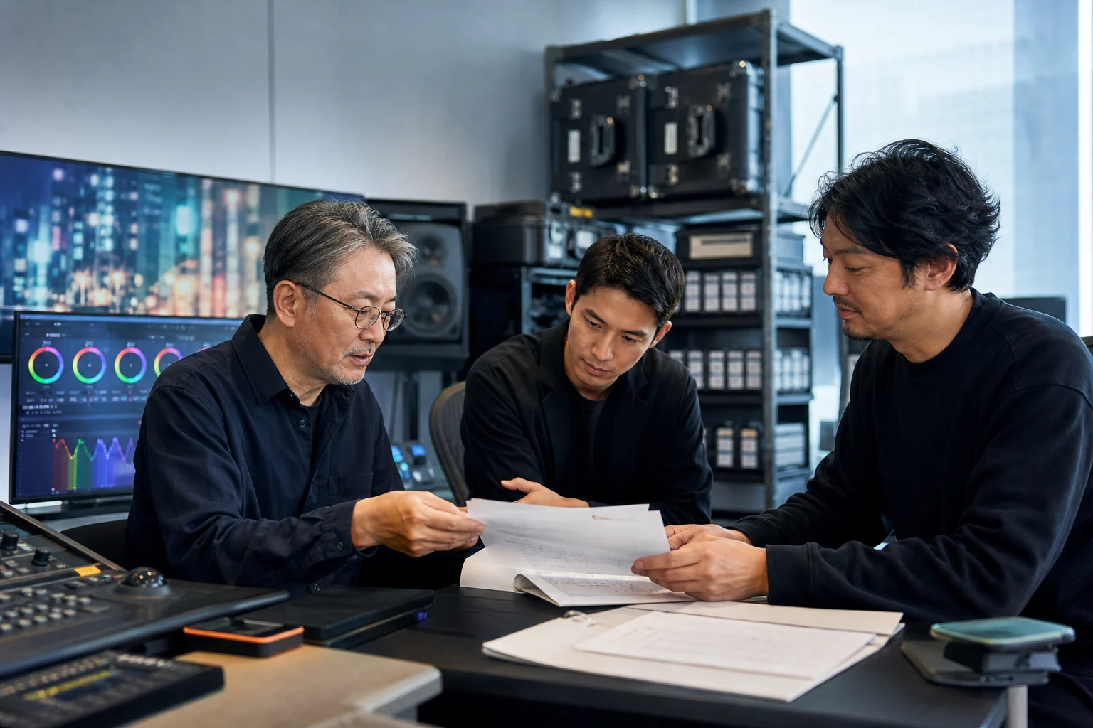 ポストプロダクションの編集室で制作データと引継ぎ資料を確認する経営者・後継者・担当者の生成イメージ